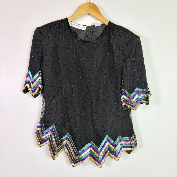 Vintage Scala Silk Beaded Sequin Top Petite Medium Art Deco Glam Flawed Zipper - Picture 12 of 15